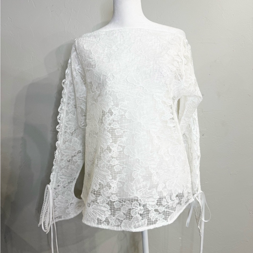 LSOUL S White Lace lace-up Long-Sleeve Blouse boat neck tunic lined
